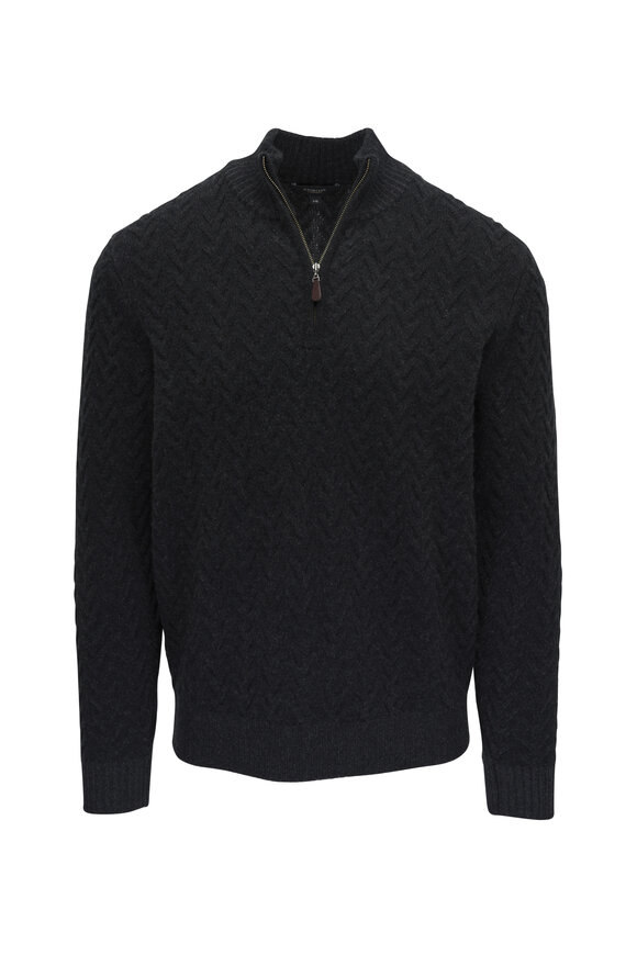 Kinross Black Wave Cable Knit Quarter Zip Pullover