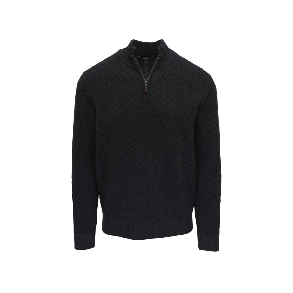 Kinross Men's Black Wave Cable Knit Quarter Zip Pullover