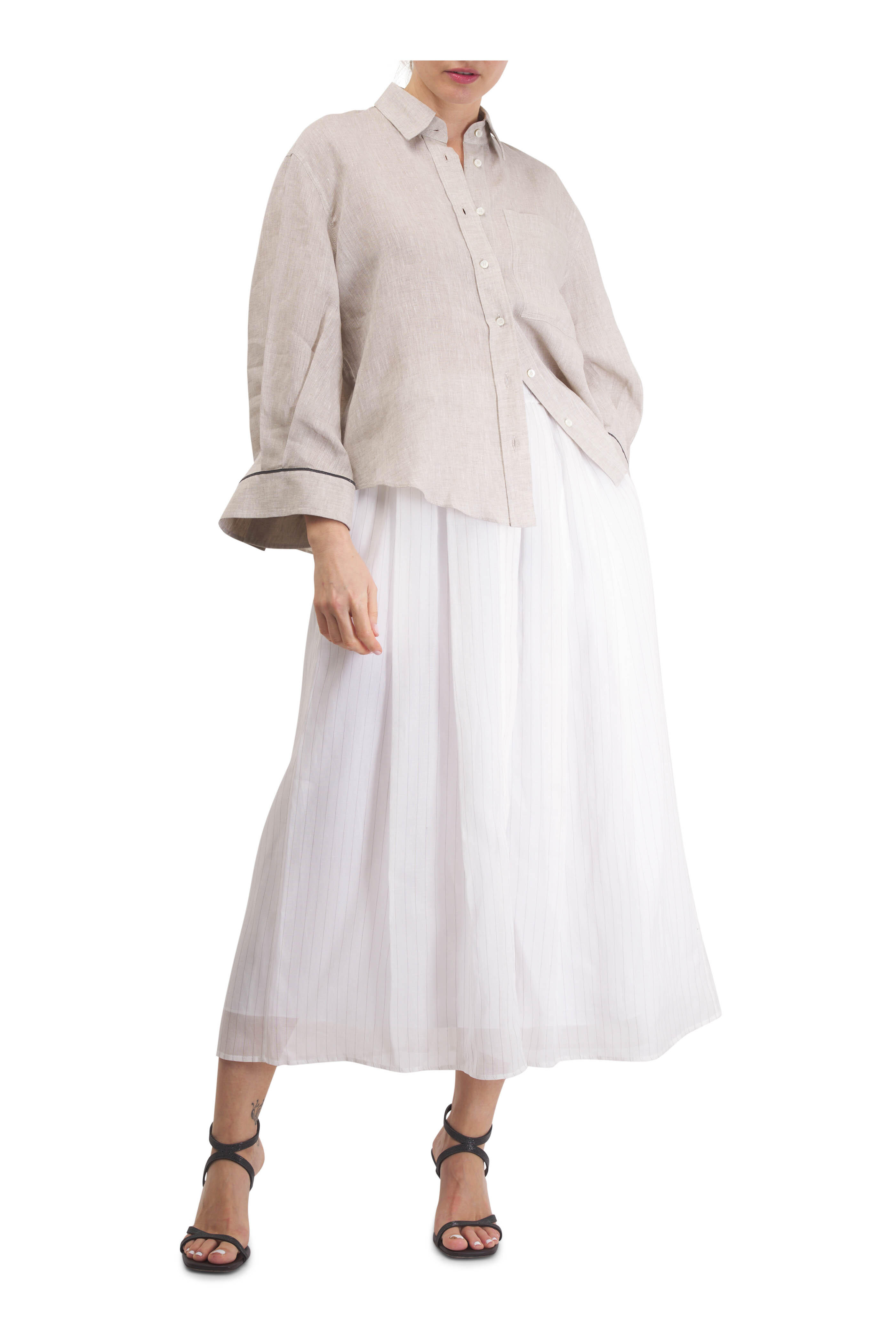 Brunello Cucinelli - White Striped Cotton Paperbag Waist Skirt