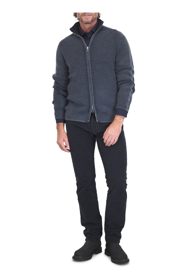 Designer outfit featuring Byron Navy Stretch Jersey Button Down , Navy Wool Textured Reversible Full Zip Sweater and 1 other piece
