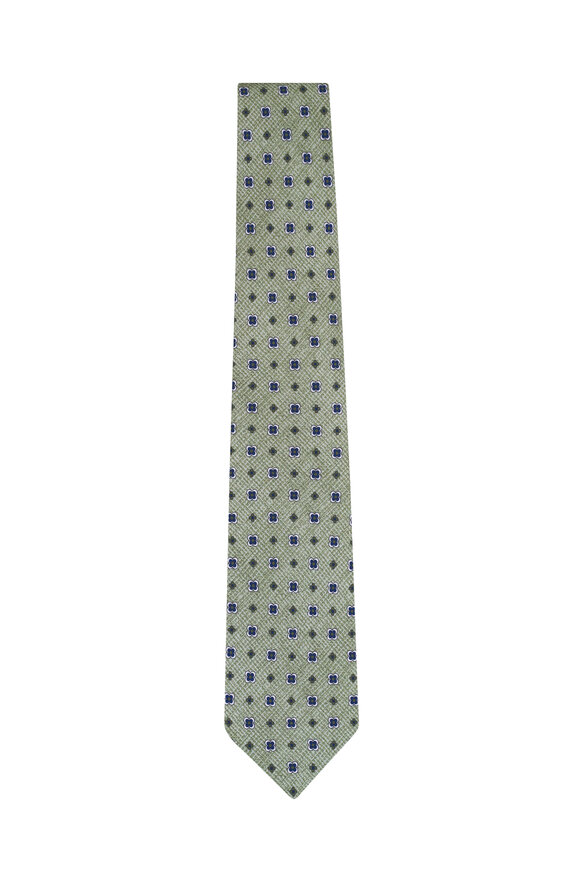 Kiton Green Geometric Print Silk Necktie