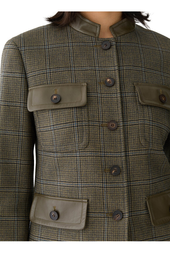 Lafayette 148 New York Olive Green Glen Plaid & Leather Cropped Jacket - view 4