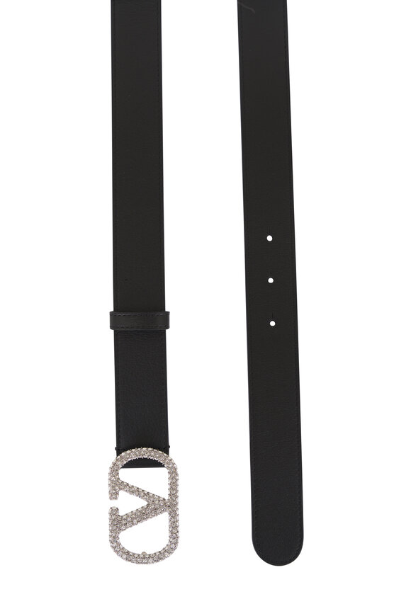 Valentino Garavani VLogo Rhinestone Black Leather Belt - view 2