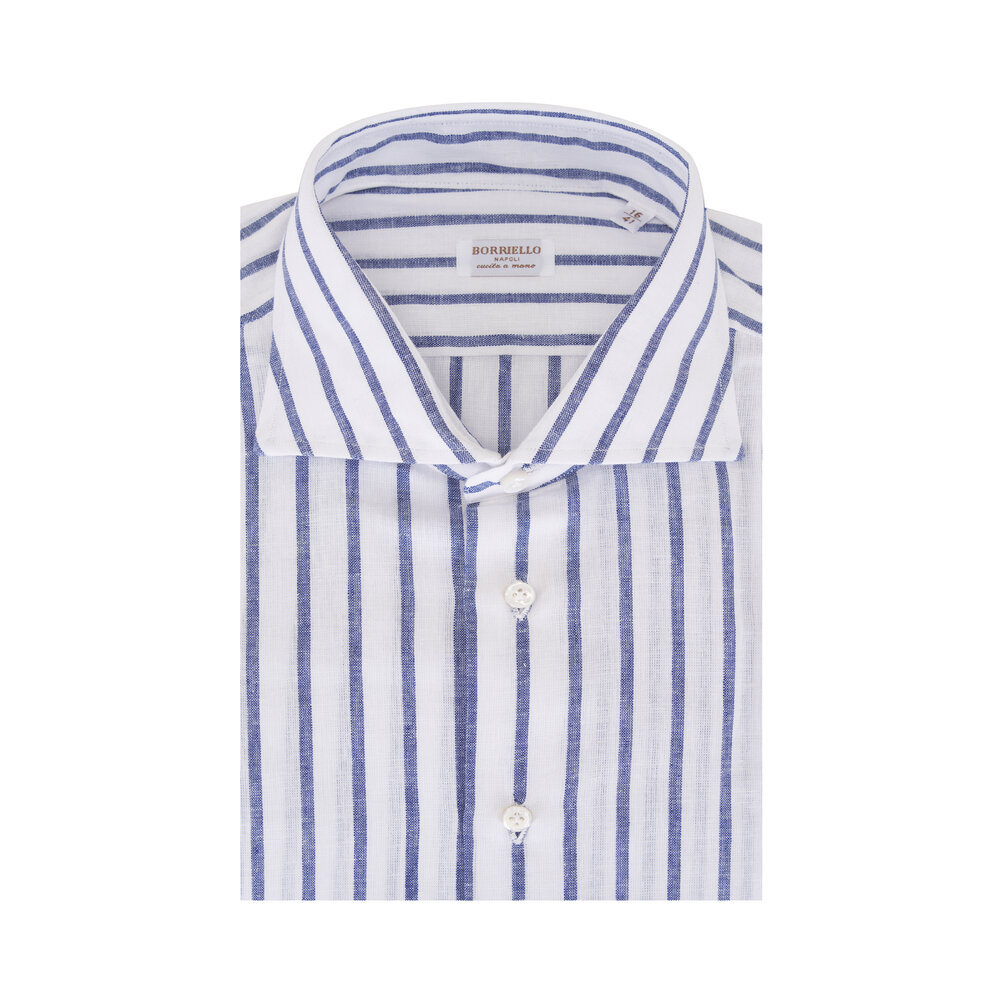 Tシャツ・カットソー BORRIELLO FW24 Striped cotton shirt (1401 34) Borriello - White & Blue Stripe Cotton & Linen Dress Shirt