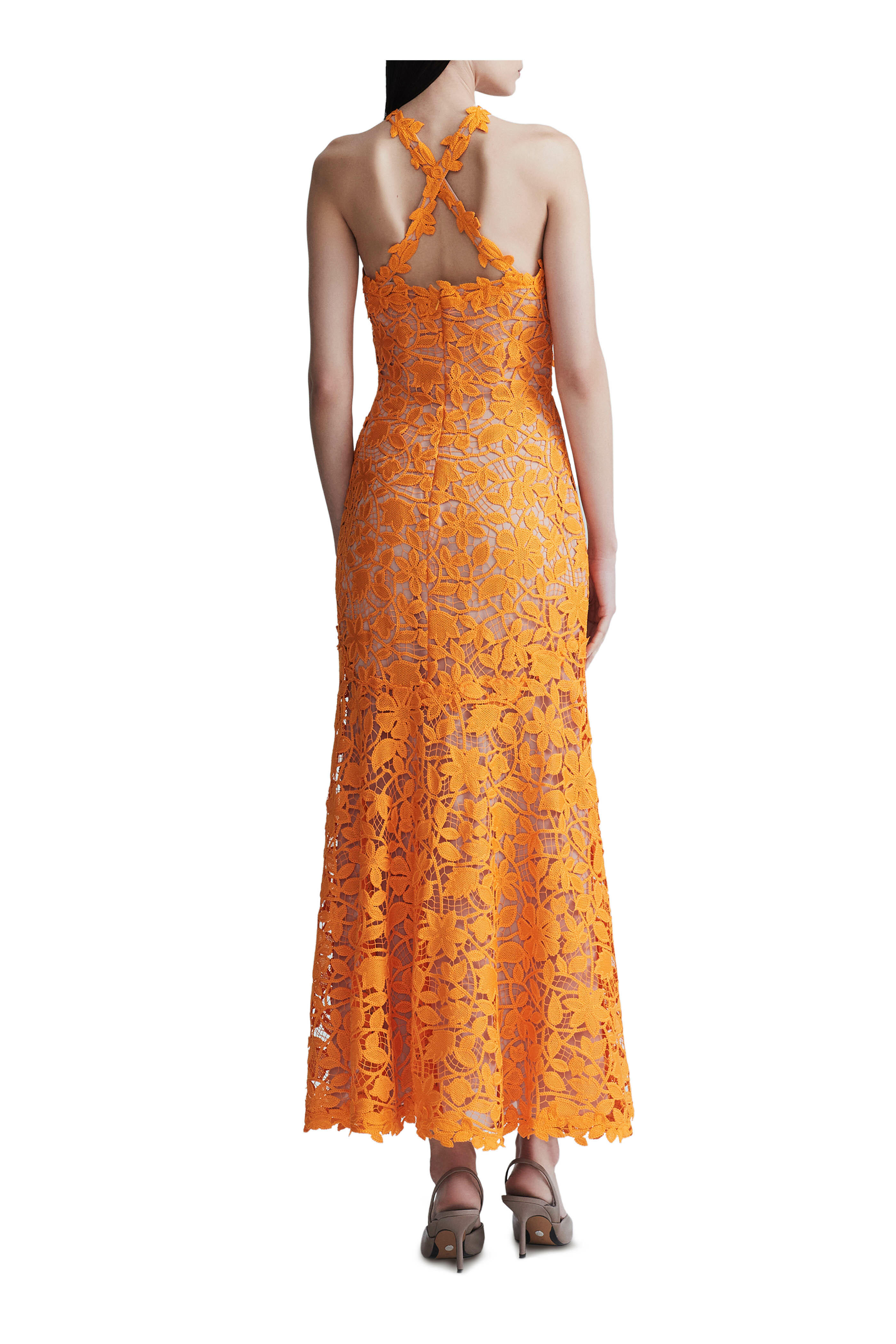 Lela Rose - Tangerine Floral Guipure Lace Halter Maxi Dress