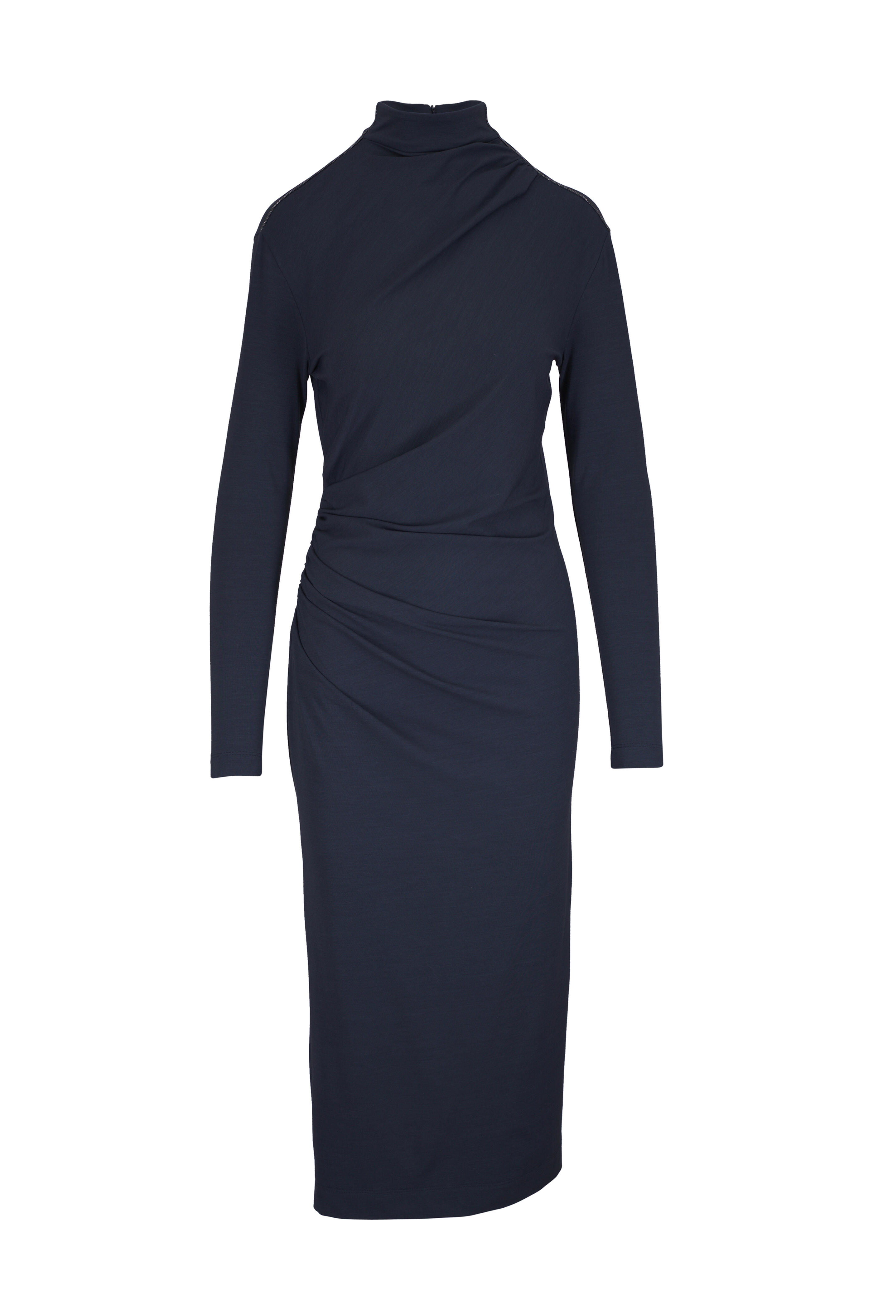 Brunello Cucinelli - Couture Navy Blue Jersey Wool Draped Dress