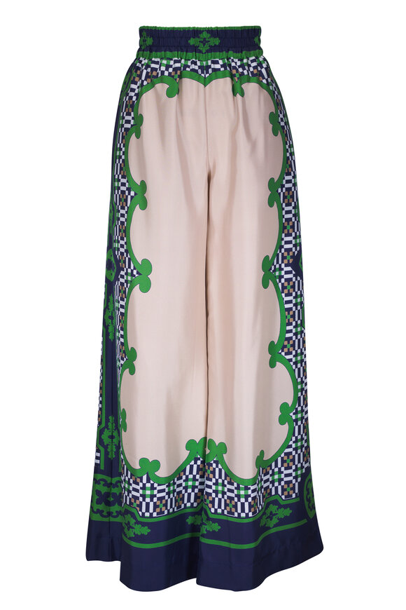 La DoubleJ Cream & Green Print Silk Palazzo Pant