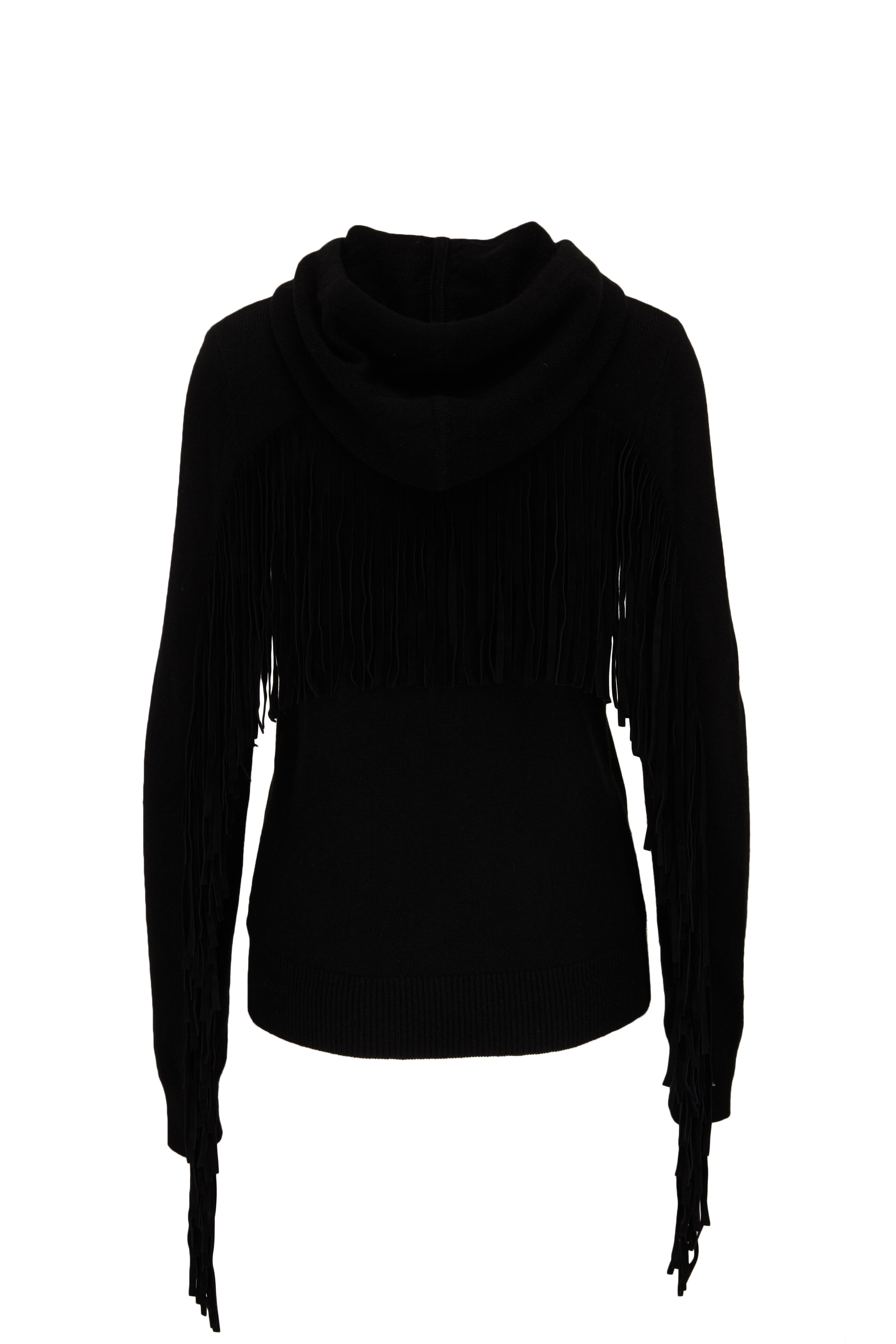 Michael Kors Collection - Black Cashmere & Leather Fringed Zip Hoodie