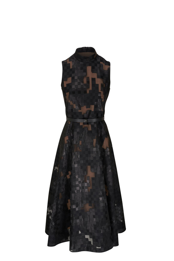 Akris -  Black Wool & Silk Square Jacquard Midi Dress