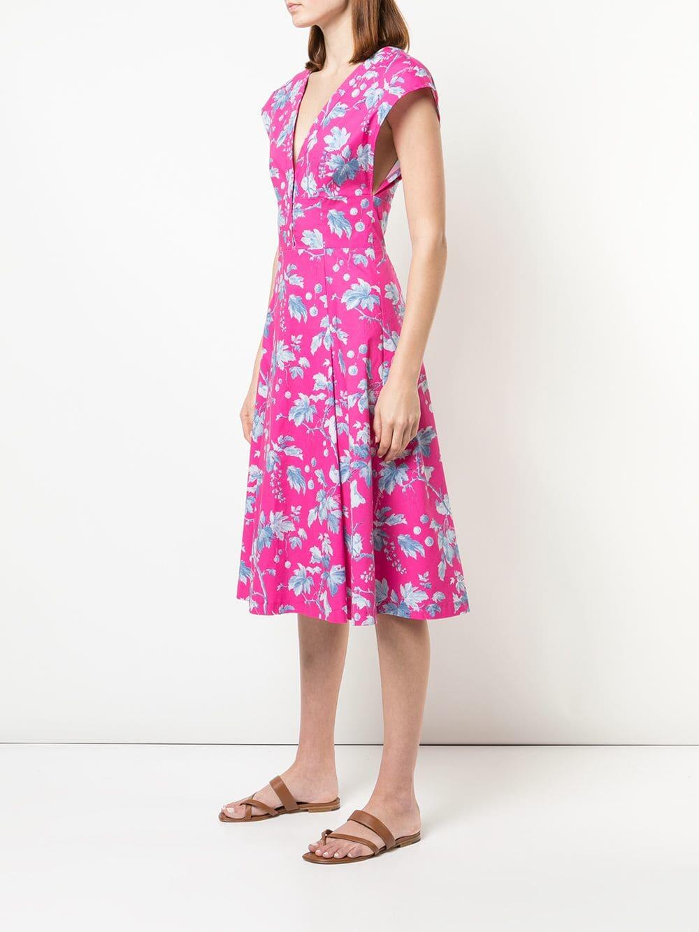 Carolina Herrera - Pink Multi Print Stretch Poplin Cap Sleeve Dress