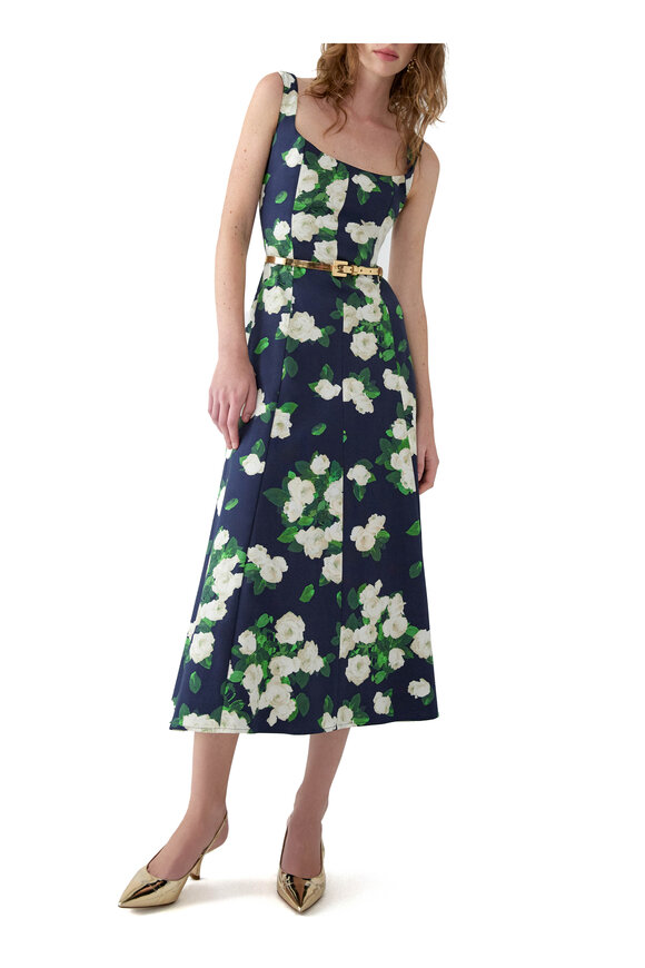 Carolina Herrera Navy & White Rose Midi Dress - view 4
