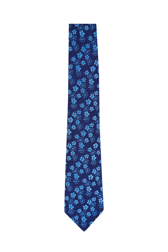 Kiton Blue Floral Print Silk Necktie