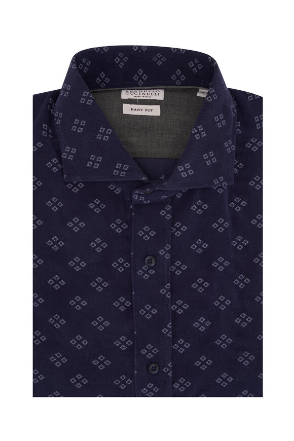 Brunello Cucinelli Printed Navy Corduroy Cotton Sport Shirt