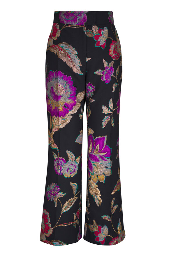 Valentino Black Metallic Floral Jacquard Flare Ankle Pant