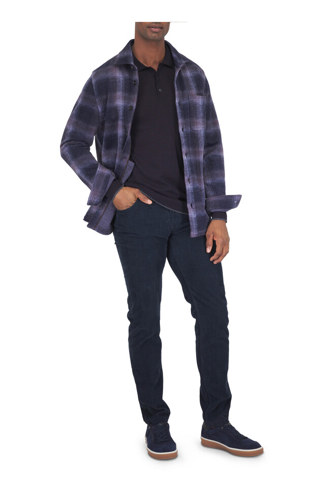 Designer outfit featuring Nerano Navy Blue Corduroy Five Pocket Pant, Blue Night Plaid Virgin Wool Overshirt and 1 other piece