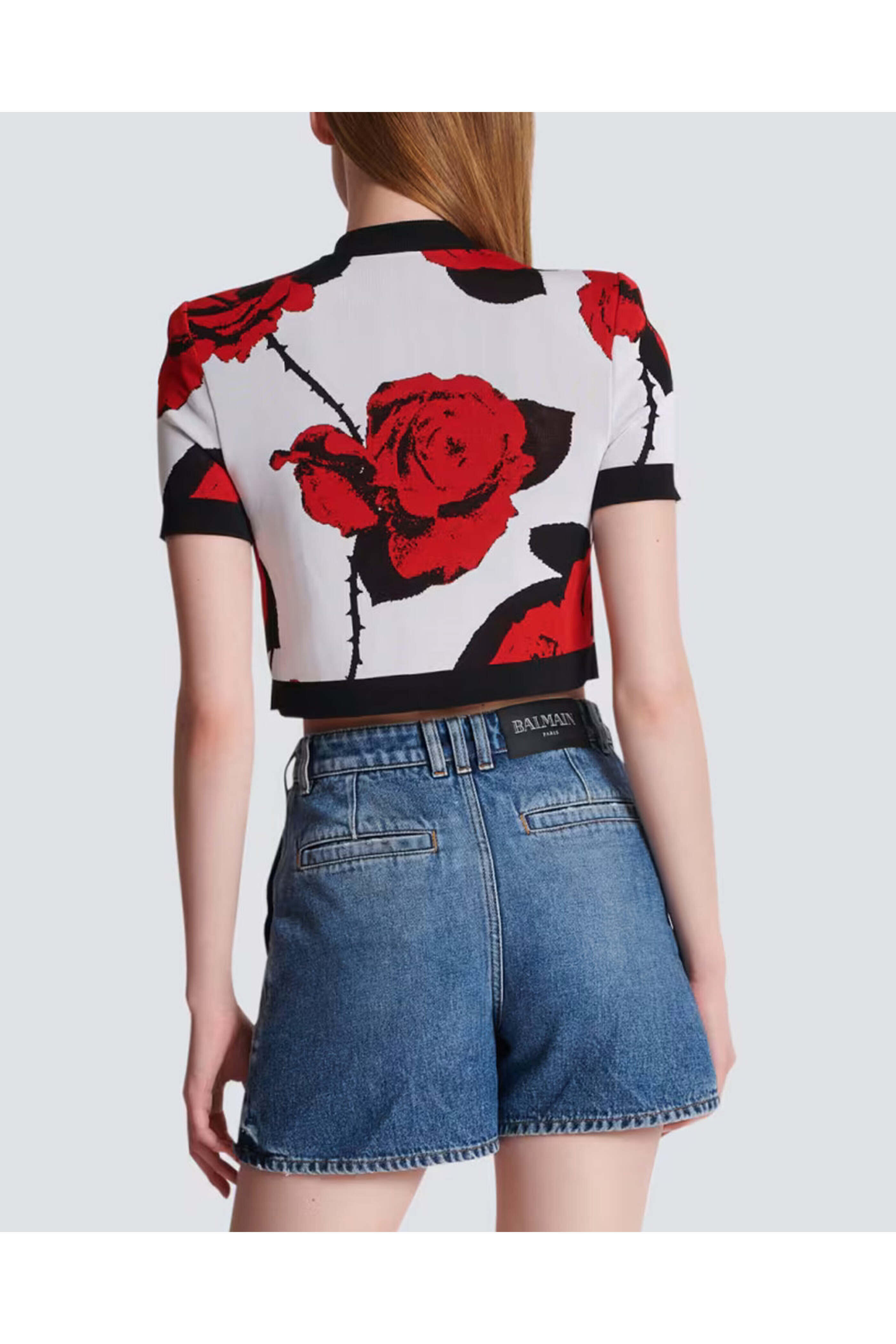 Balmain - Blanc and Rouge Rose Jacquard Crop Cardigan