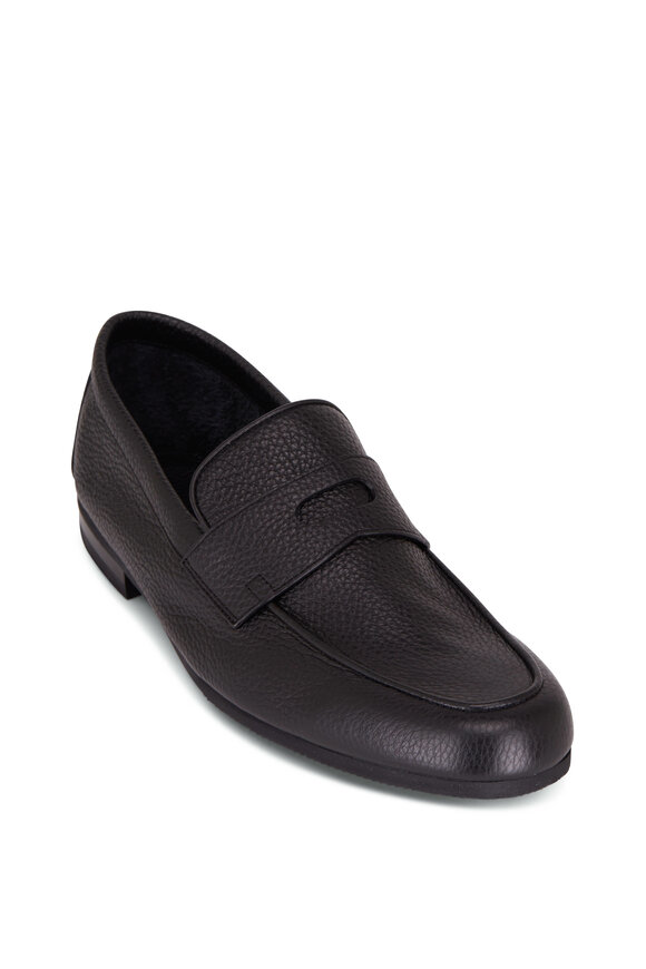 John Lobb Black Grained Leather Penny Loafer