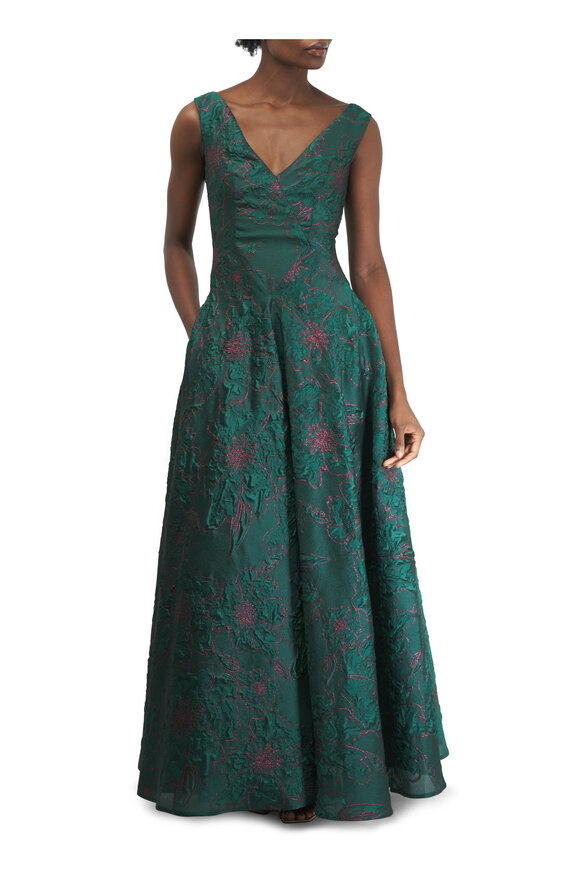 Talbot Runhof - Cypress & Maroon Embroidered Deep V-Neck Gown