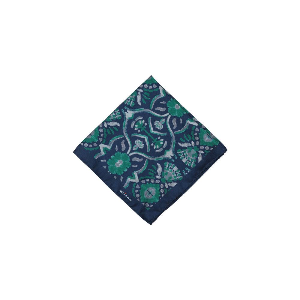 Kiton - Blue & Green Geometric Silk Pocket Square