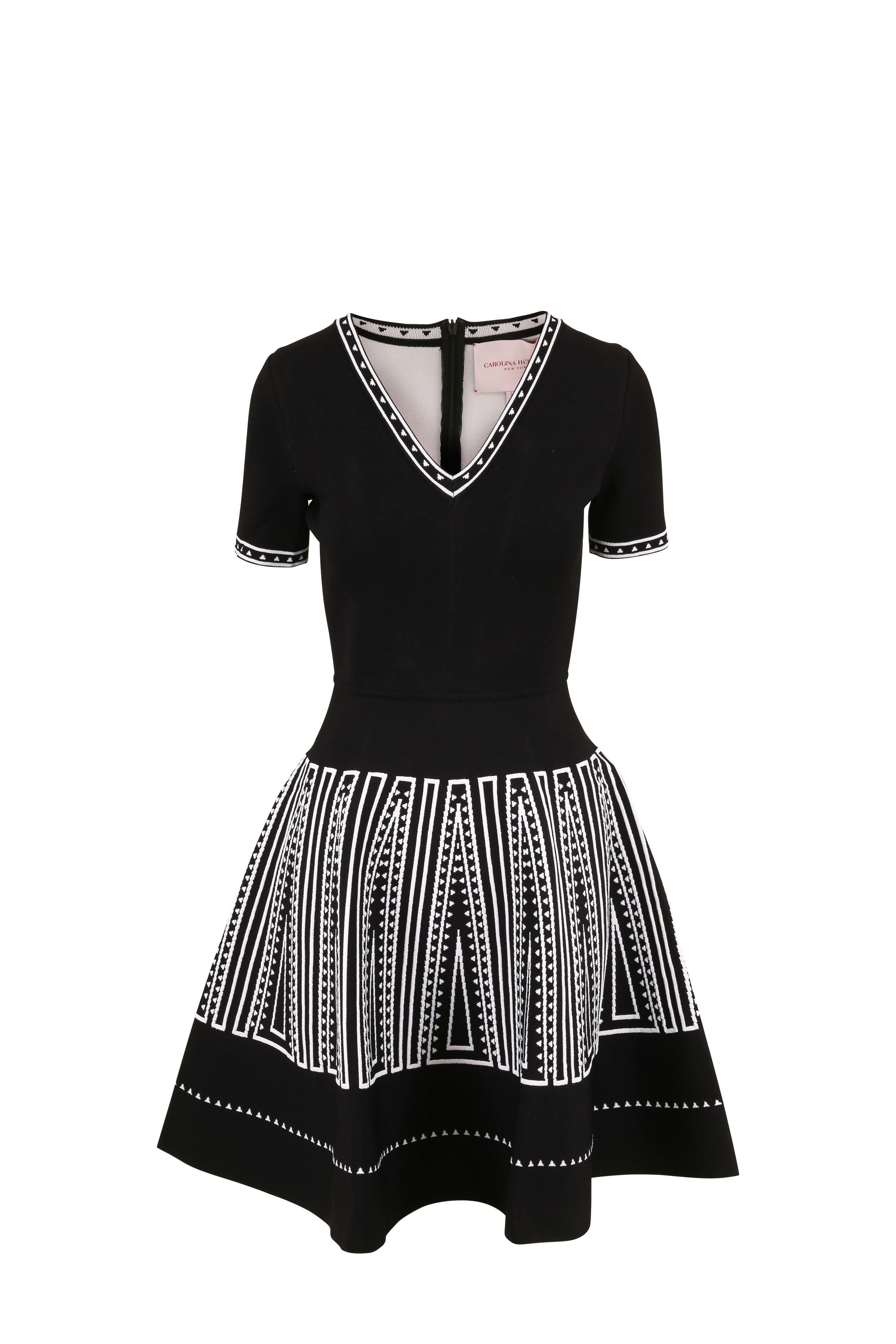 Carolina Herrera - Black & White Short Sleeve Fit & Flare Knit Dress