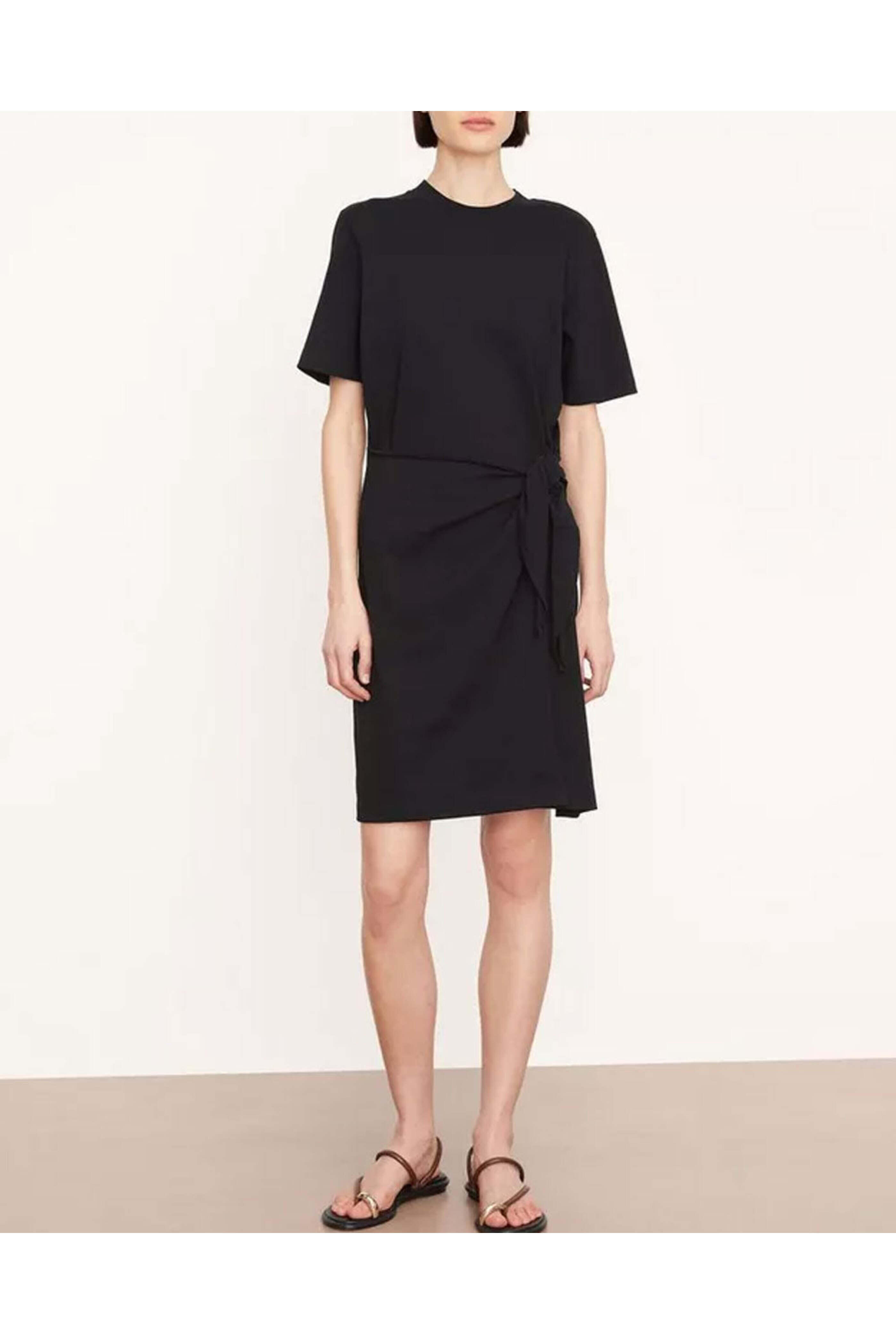 black tie dress short sleeve Black Short Sleeve Collared Tie Waist Mini Dress