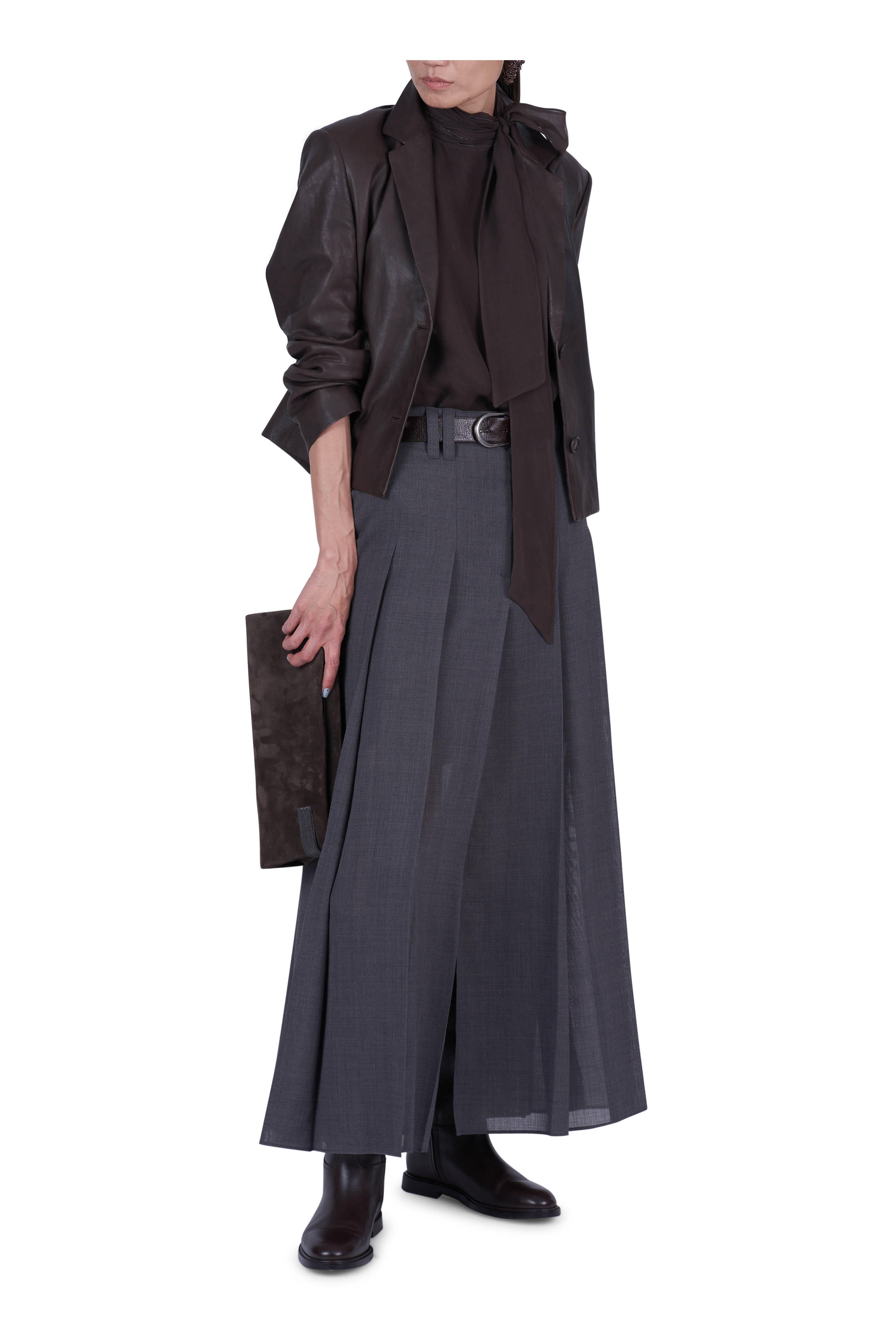 BRUNELLO CUCINELLI スカート【サイズL】【グレー】 Brunello Cucinelli - Gray Pleated Zip Front Skirt