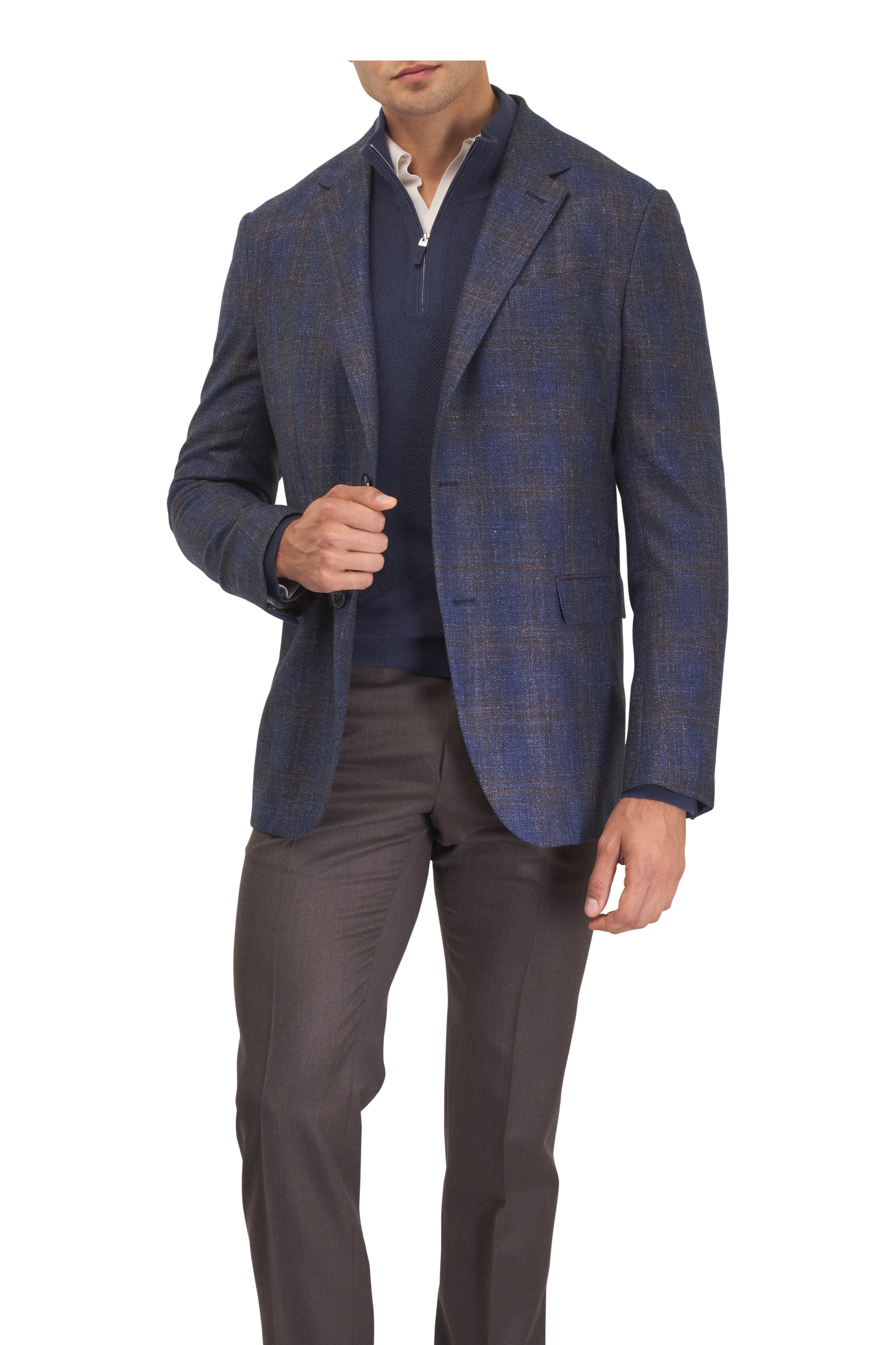 Zegna - Navy & Brown Plaid Wool, Silk & Linen Sportcoat
