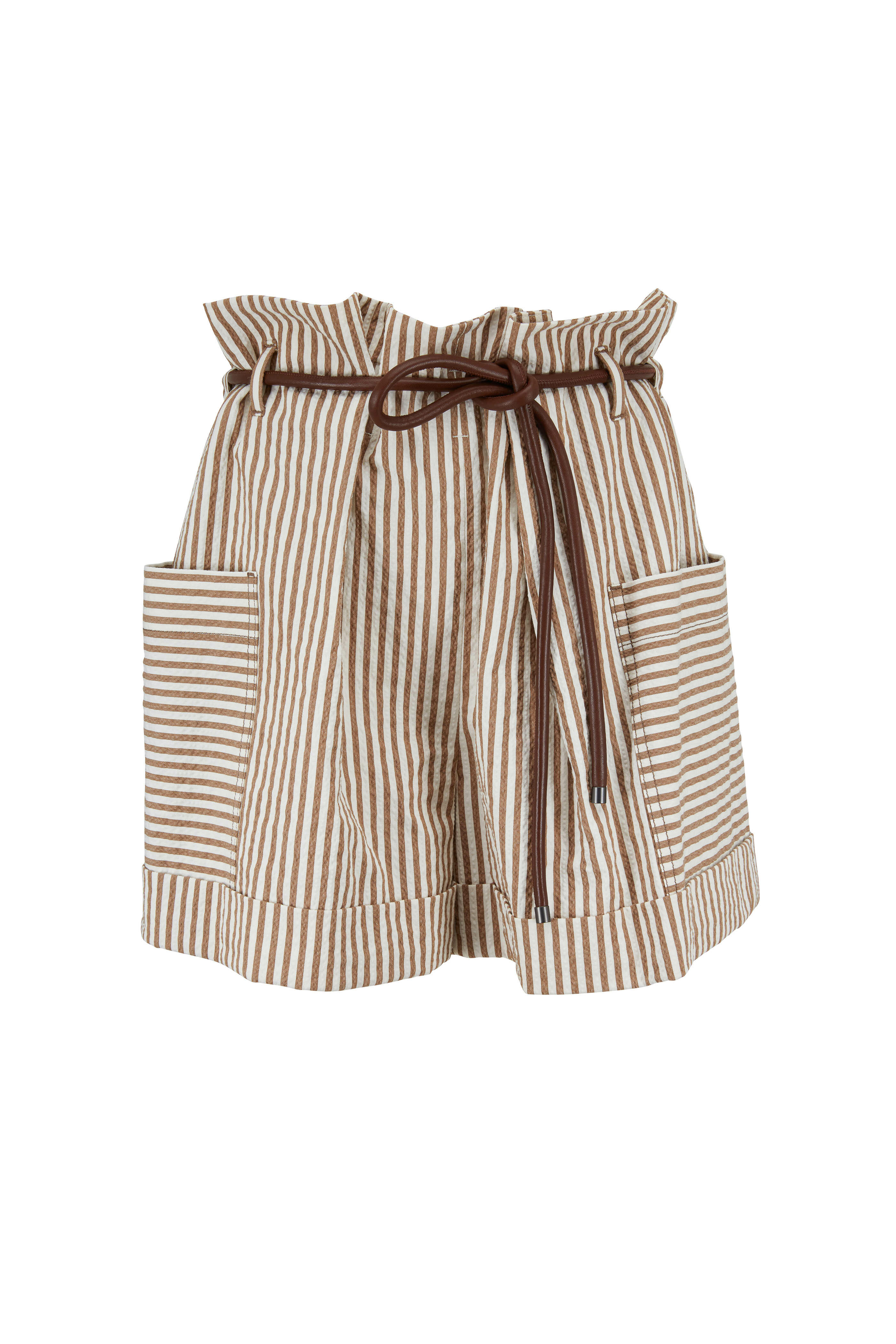 Brunello Cucinelli - Beige & White Paper Bag Seersucker Shorts