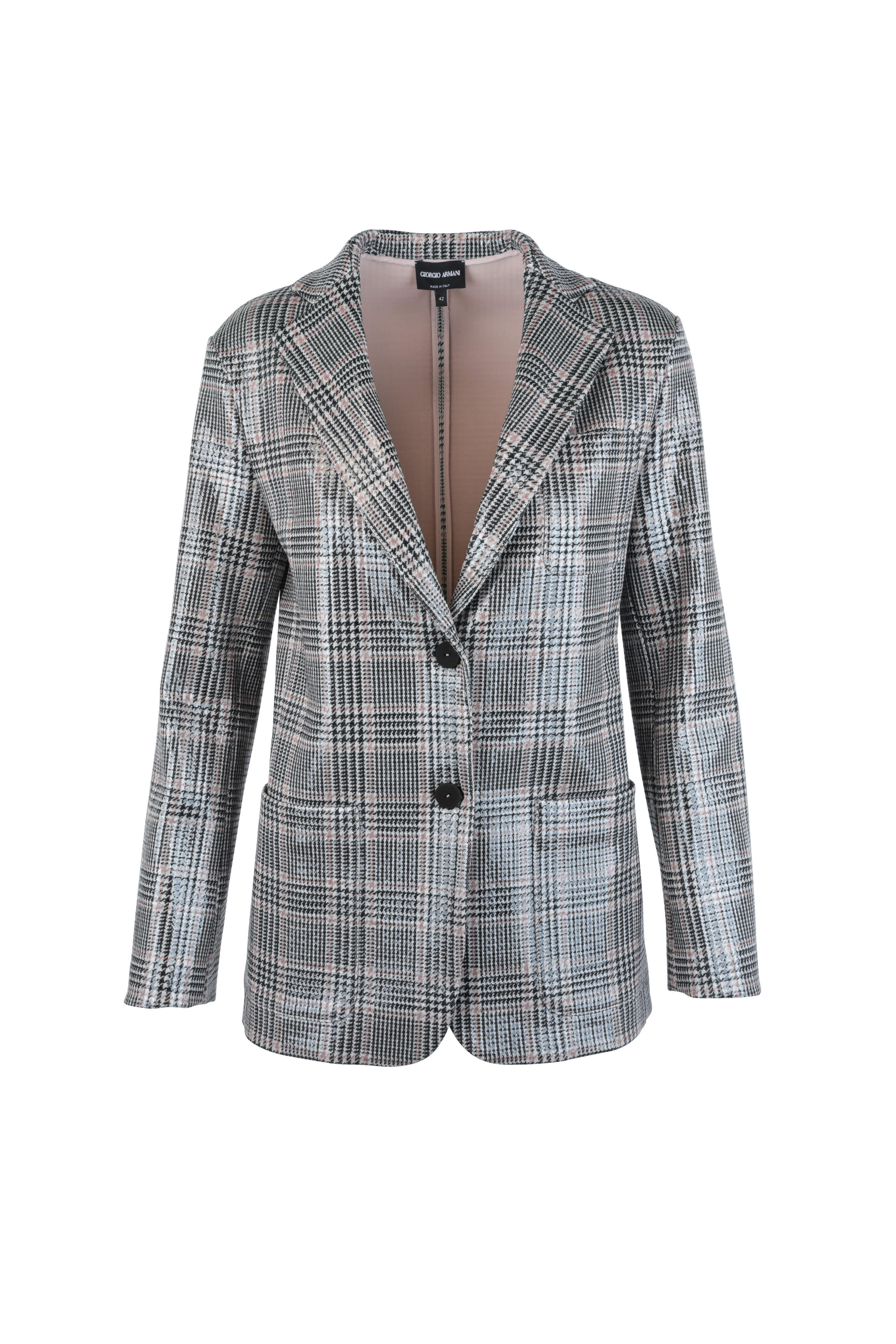 ジャケット GIORGIO ARMANI CHECKED BLAZER IN LAMINATED Giorgio Armani - Black & Blush Plaid Laminated Wool Blend Jacket