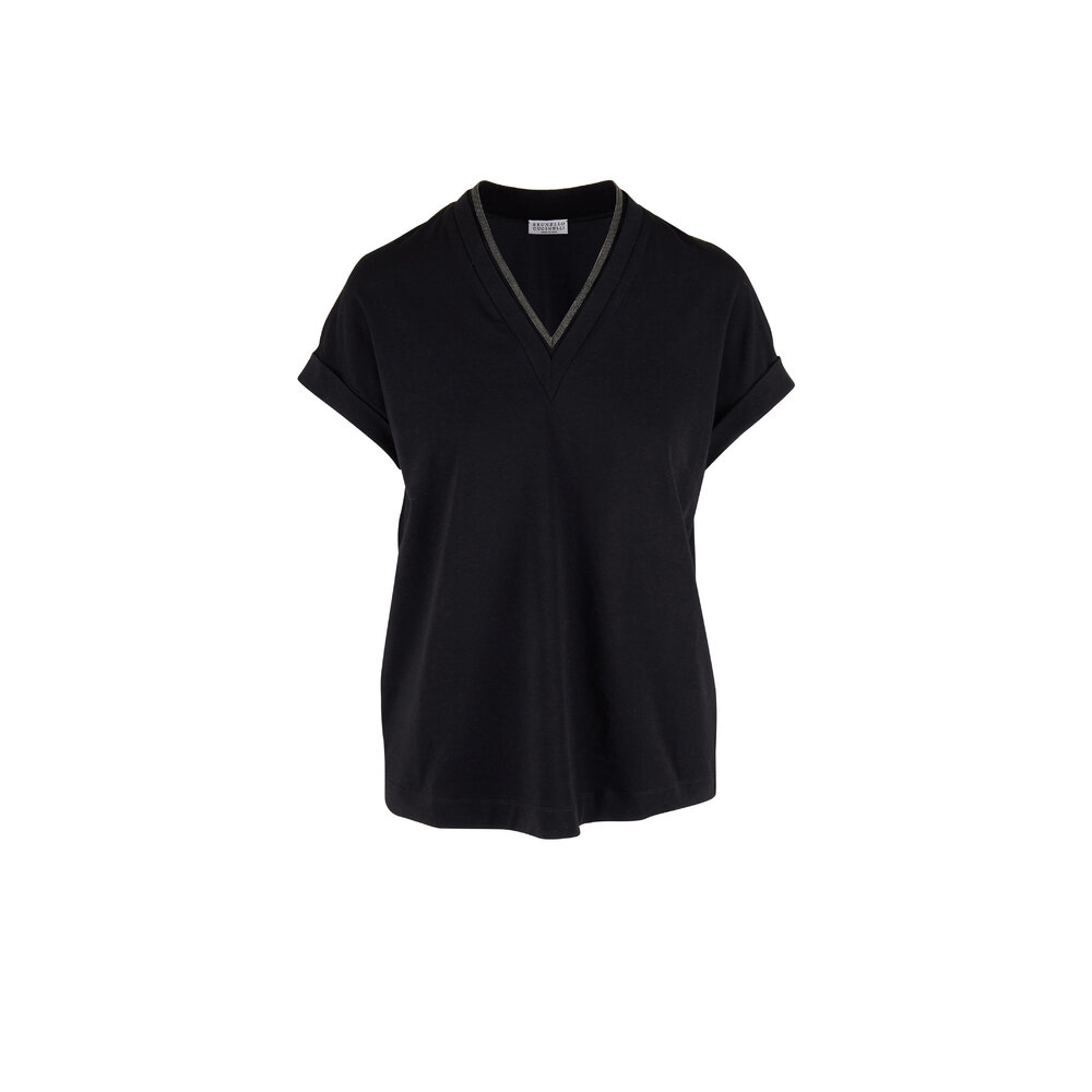 Tシャツ・カットソー BRUNELLO CUCINELLI V-neck shirt Monile (M0091EA105 C7498) Brunello Cucinelli - Black Monili Trim V-Neck T-Shirt