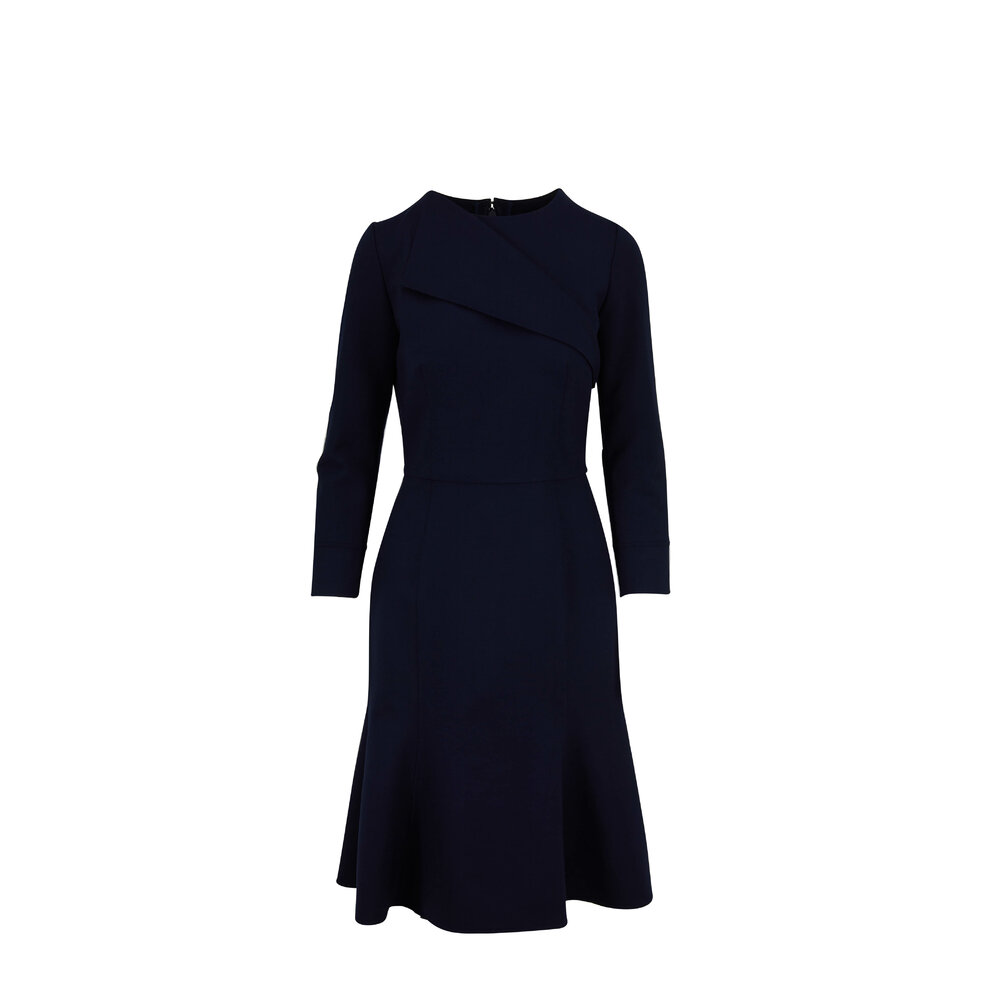 Oscar de la Renta - Navy Stretch Wool Long Sleeve Fluted Hem Dress Oscar de la Renta - Navy Stretch Wool Long Sleeve Fluted Hem Dress