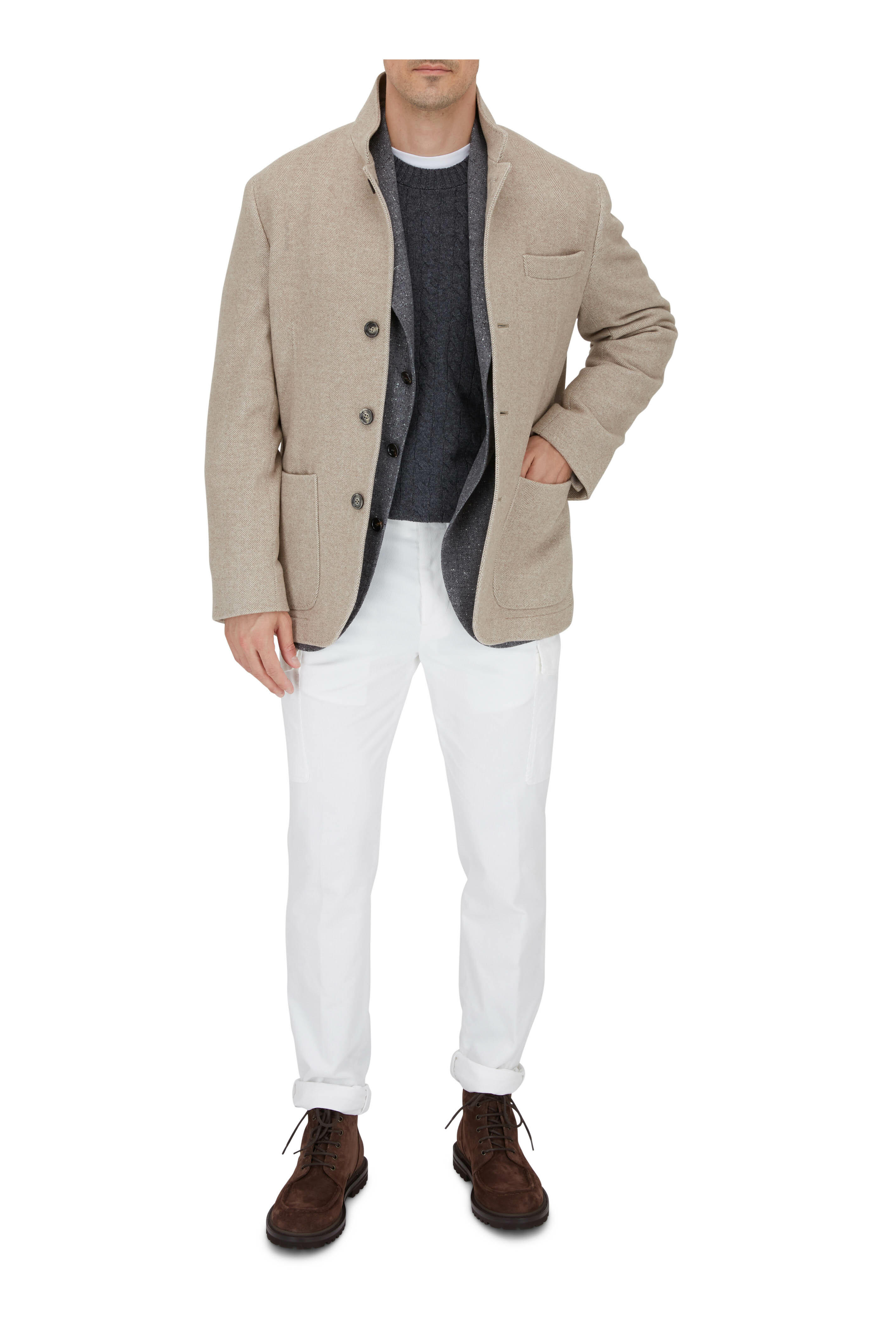 Brunello Cucinelli - Beige Chevron Wool & Cashmere Jacket