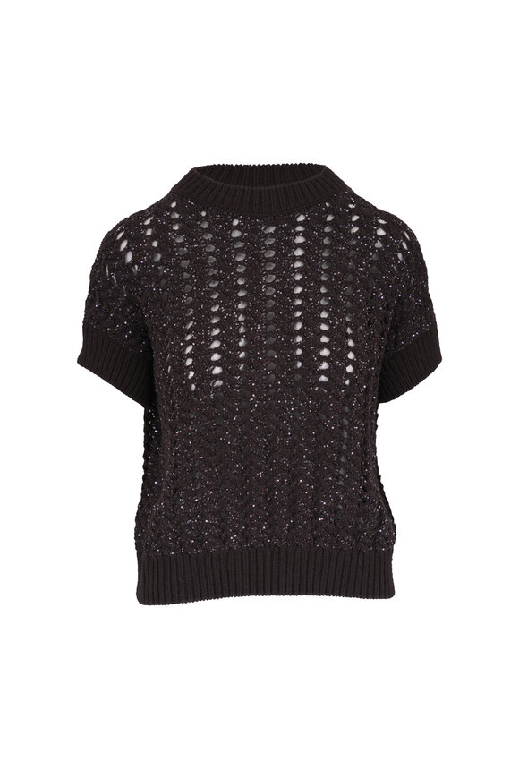 D.Exterior Brown Open Knit Sequin Sweater