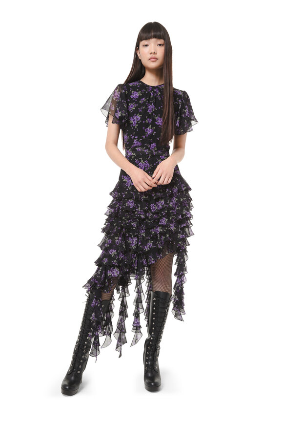 Michael Kors Collection - Black Dahlia Floral Short Flutter Sleeve Dress