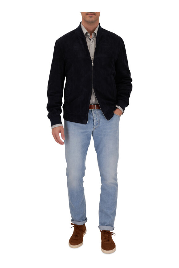 Brunello Cucinelli - Navy Suede Bomber Jacket 