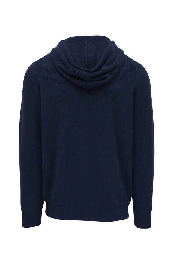 Kinross - Navy Blue Cashmere Ribbed Hoodie