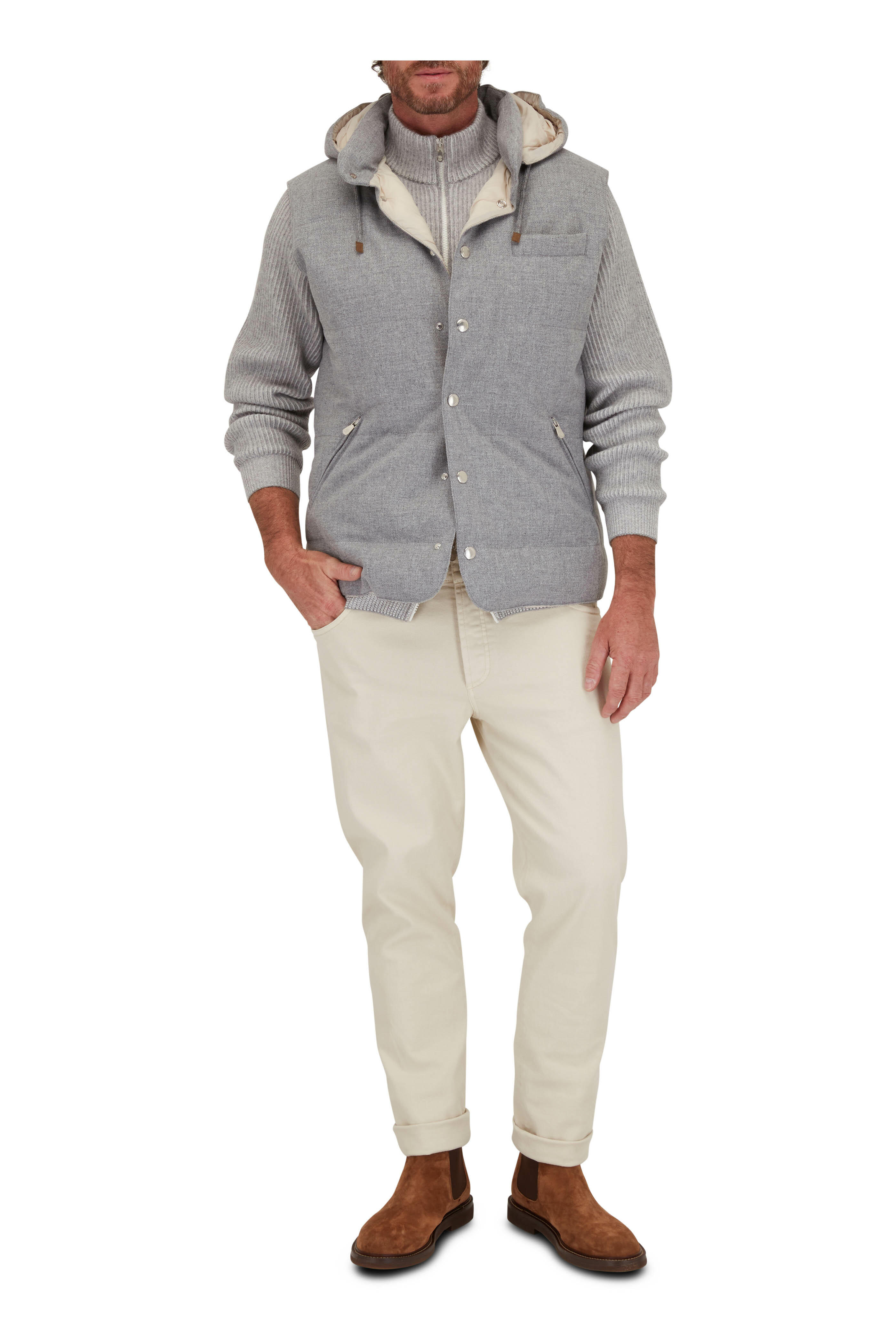 Brunello Cucinelli - Pearl Gray Wool, Silk & Cashmere Down Vest
