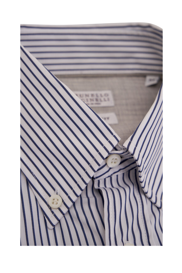 Brunello Cucinelli - Navy & White Striped Cotton Sport Shirt