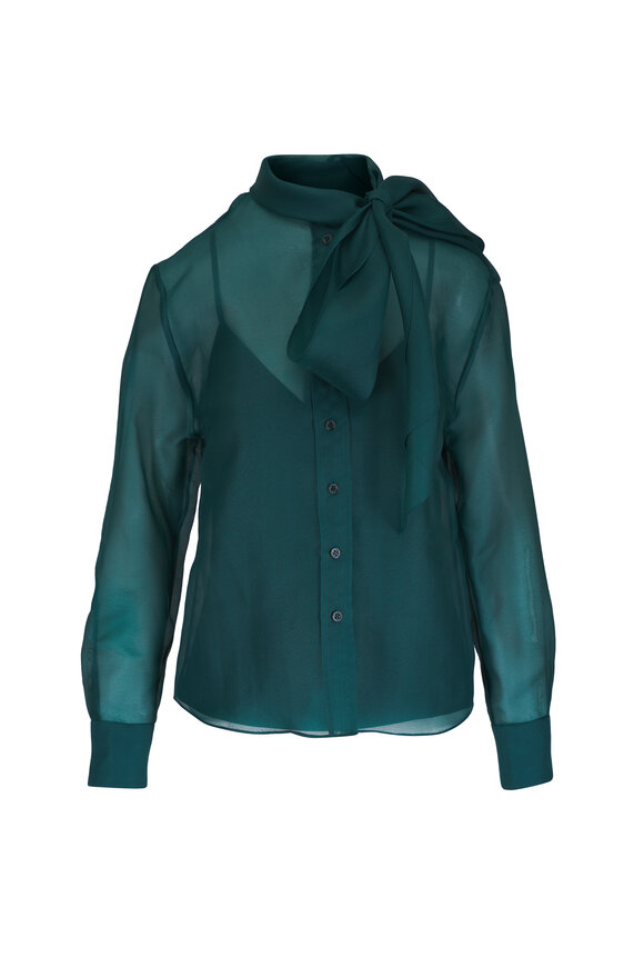 Carolina Herrera Pine Green Bow Neck Organza Button Down Blouse