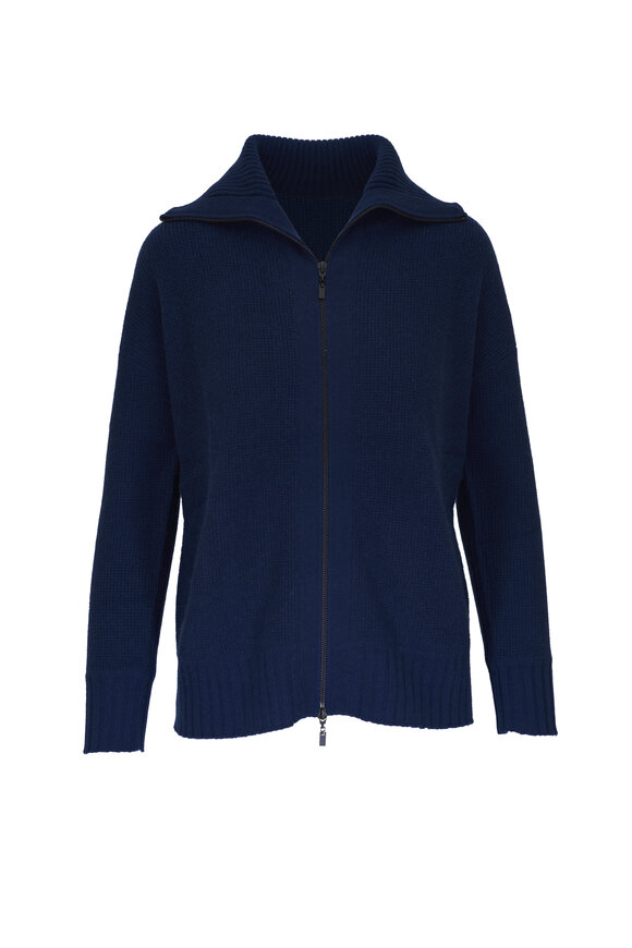 Kinross - Navy Double Knit Notch Collar Cardigan