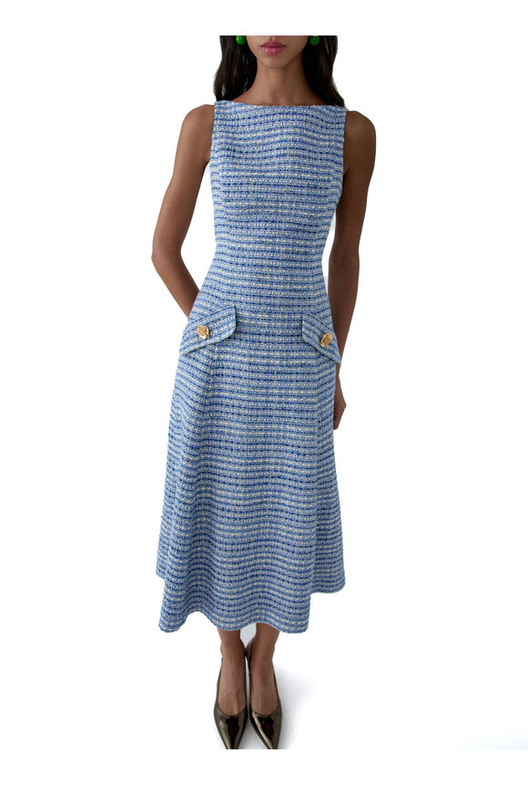Carolina Herrera Blue Multicolor Tweed Sleeveless A-Line Dress - view 4
