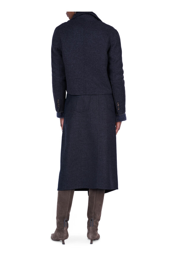 Brunello Cucinelli Navy Blue Double Cloth Wool Boxy Crop Blazer - view 3