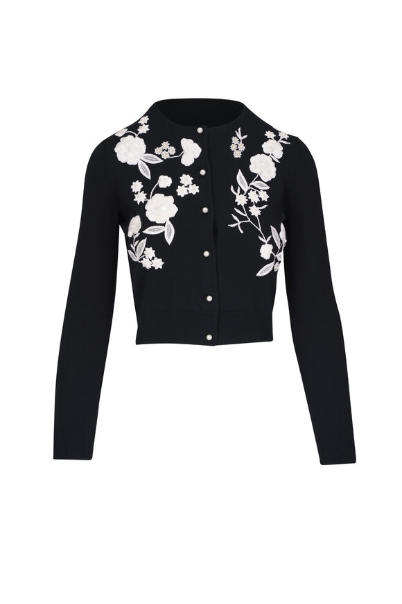 Carolina Herrera Embroidered Black & Faux Pearl Cardigan