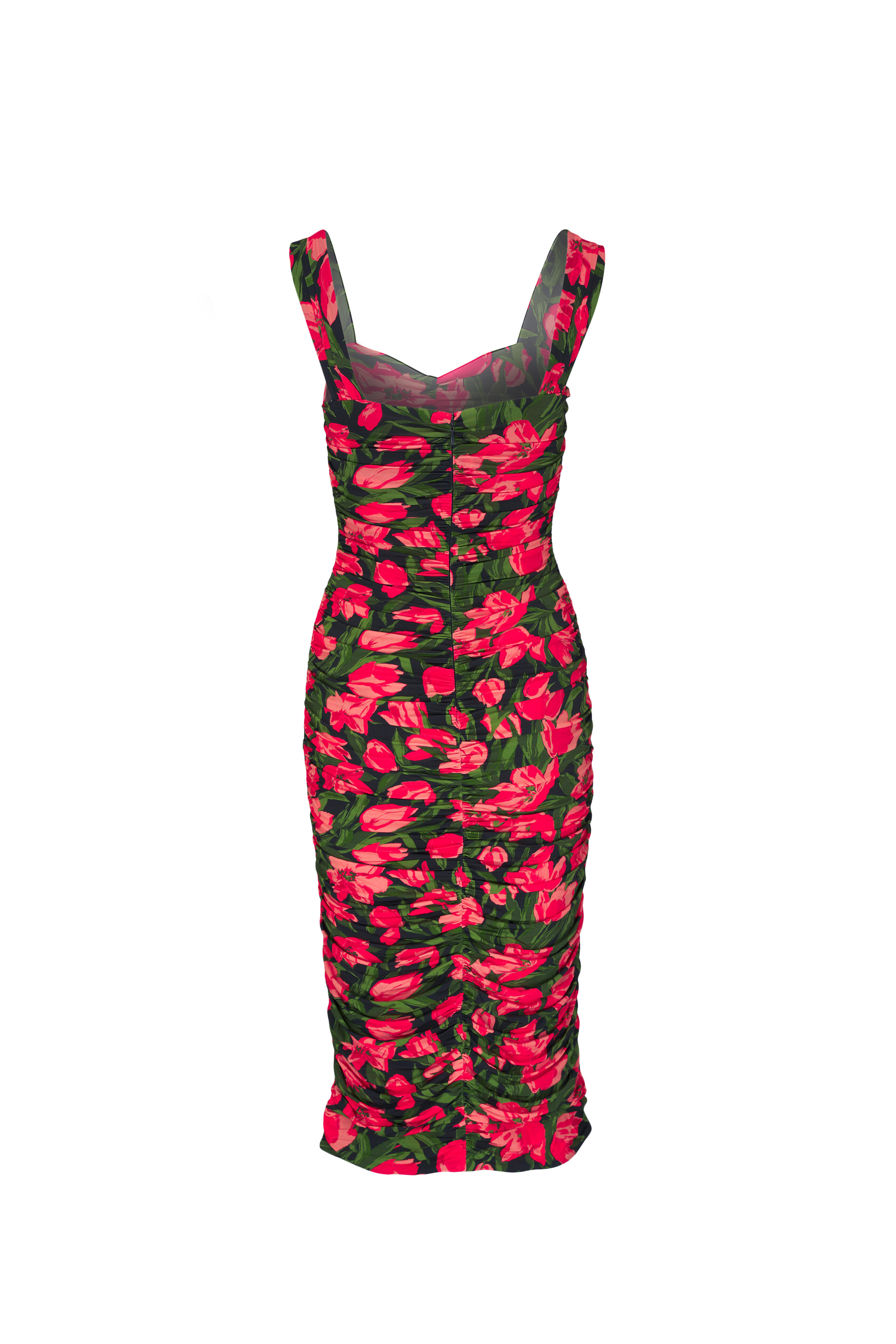 red floral ruched dress Ruched floral-appliqu red dress 38