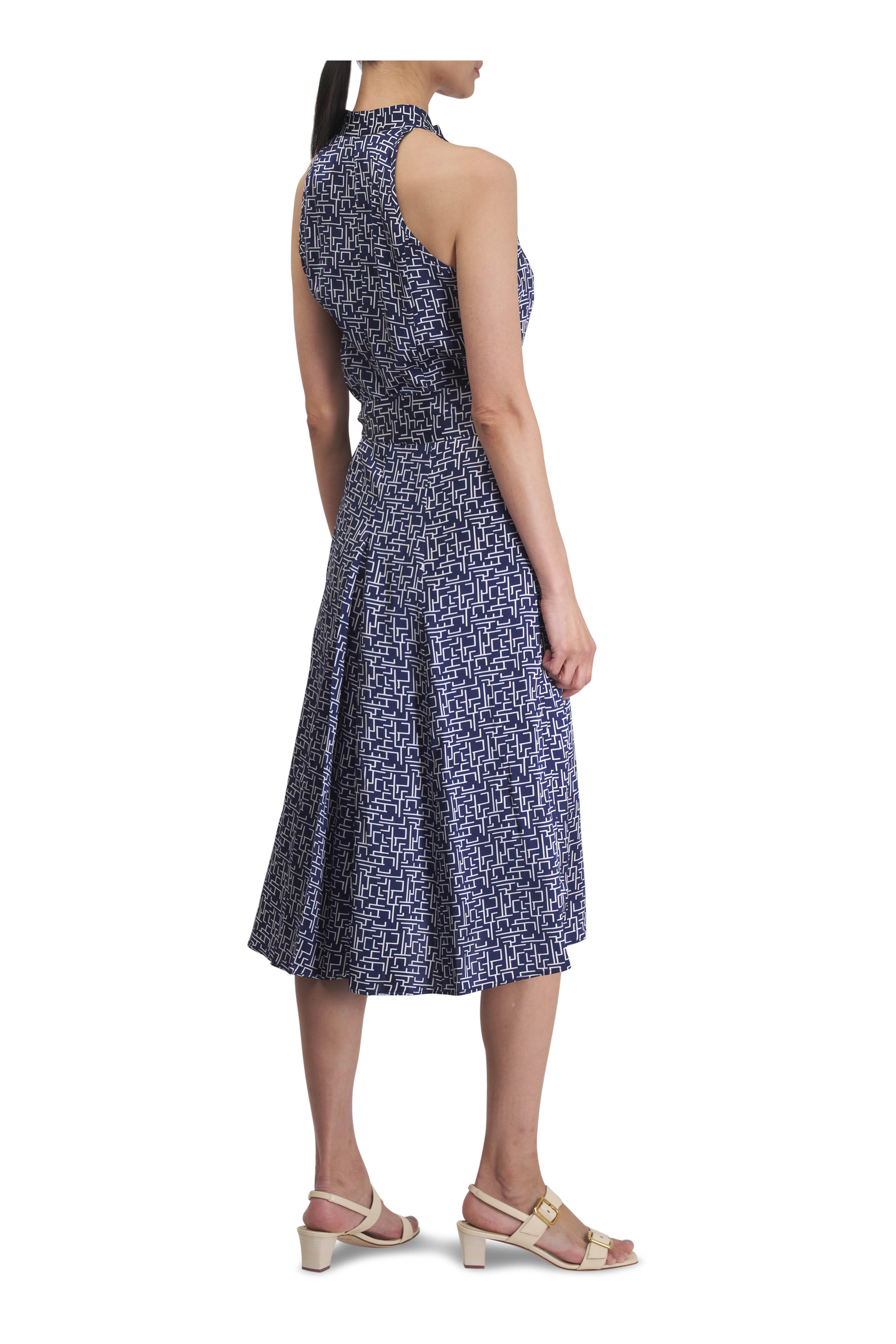 Kiton - Navy & White Geometric Print Silk Dress