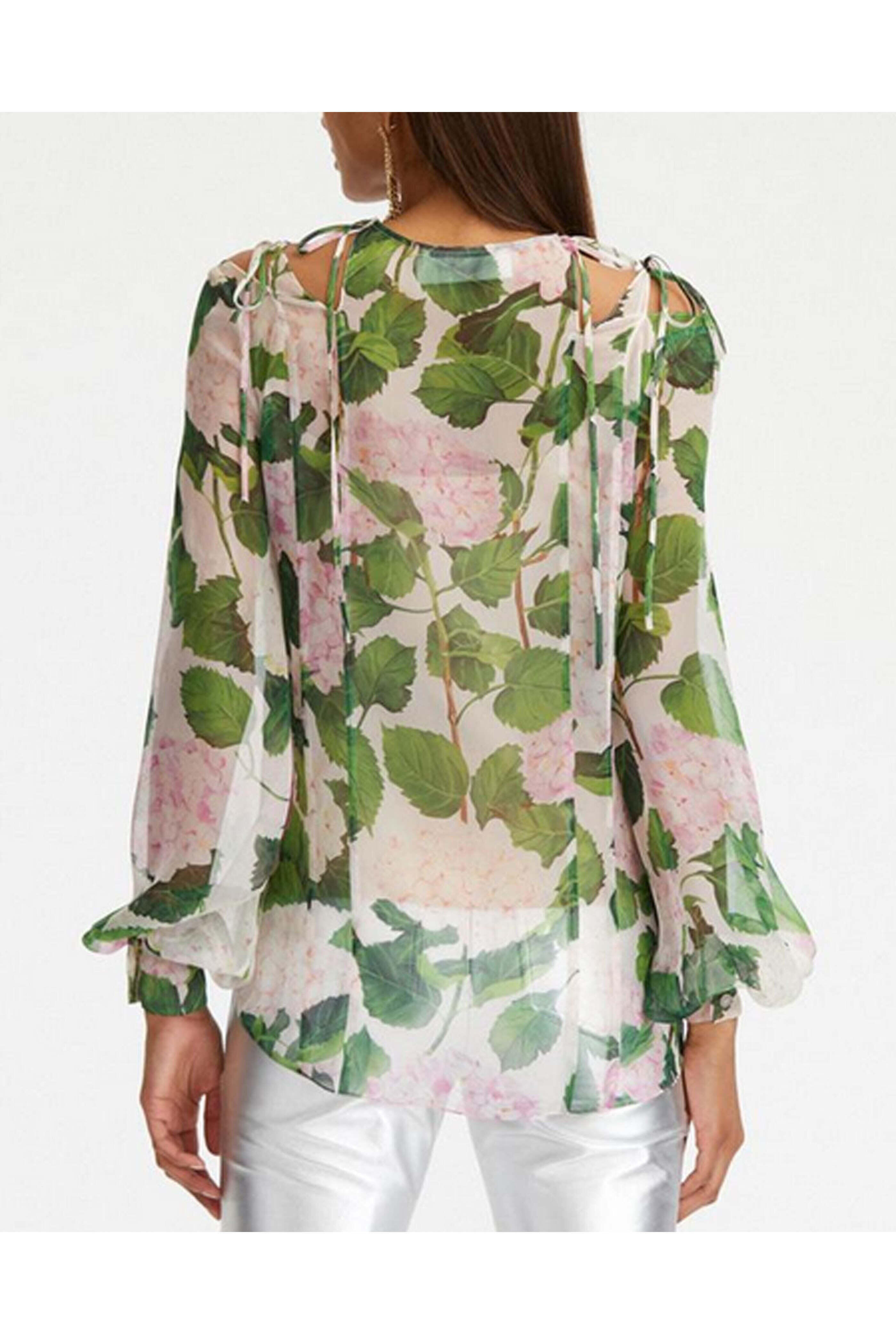 Oscar de la Renta - Pink Hydrangea Tie Neck Blouse