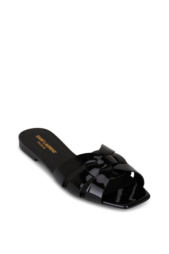 Saint Laurent Tribute Black Patent Leather Flat Sandal