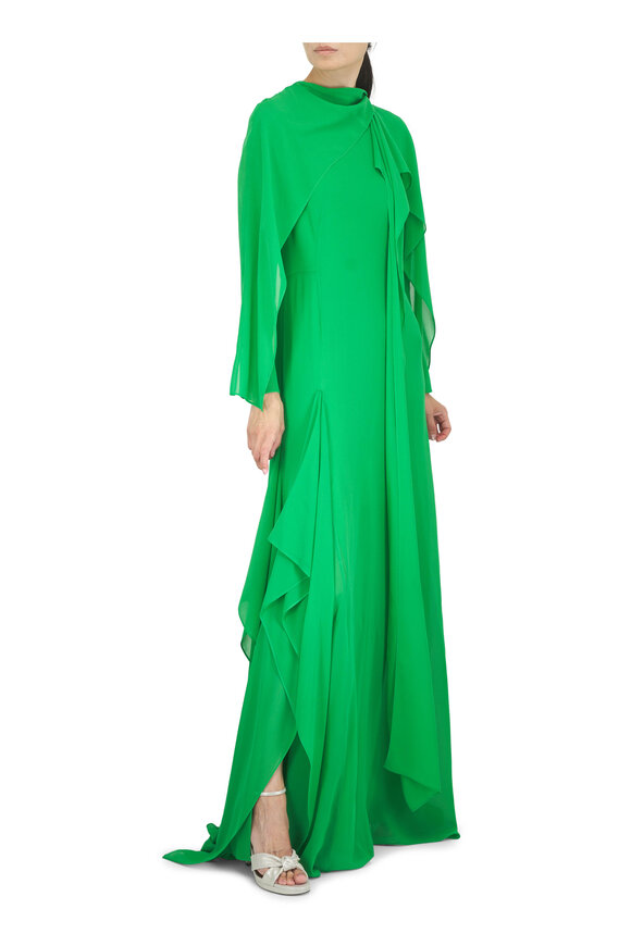 Akris Asymmetric Green Silk Capelet Gown - view 2