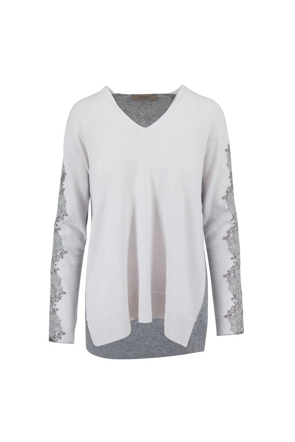 D.Exterior - Gray & Cream Cashmere Lace V-Neck Sweater