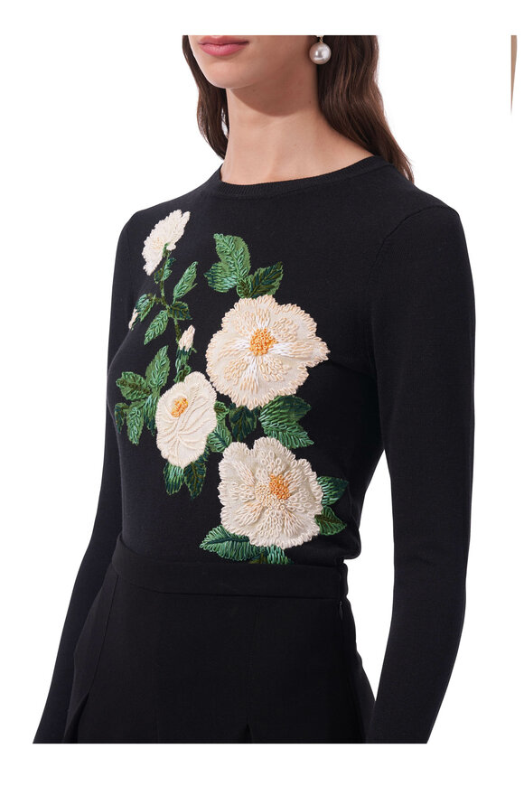 Carolina Herrera - Intarsia Black Floral Embroidered Sweater 